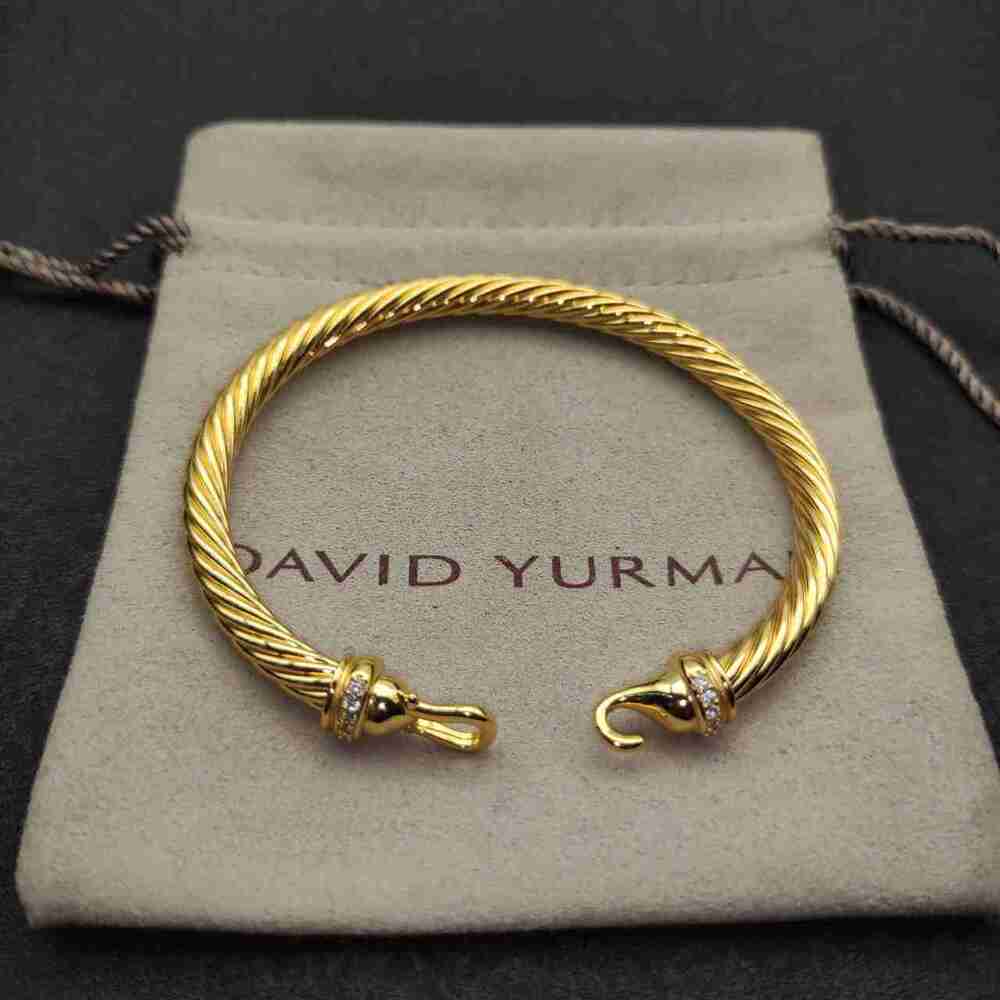 David Yurman Yellow Gold Twisted Cable Hook Bracelet With Crystals